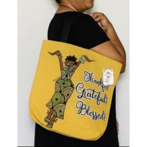 Thankful Grateful Blessed Tote Bag With Black Handles – Large   – Yellow & Black